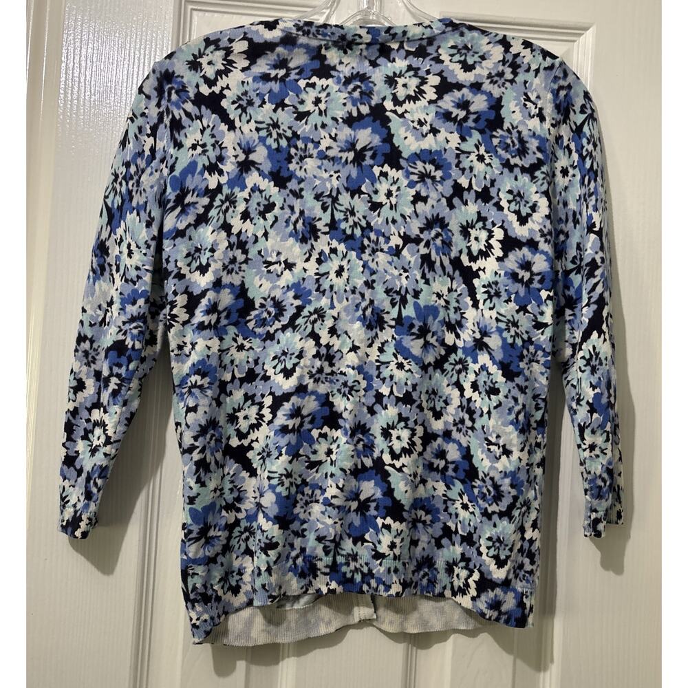 Talbots Petites Blue Floral Cardigan Size P/XS Scoop Neck 3/4 Sleeve Lightweight - Picture 4 of 6